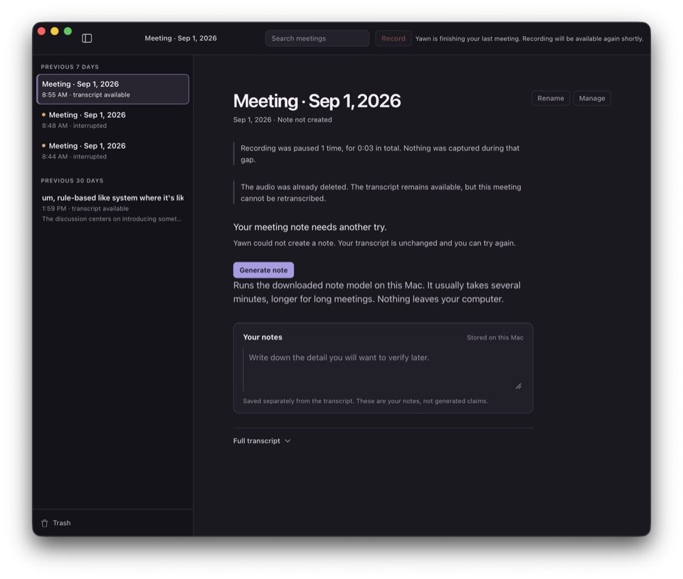 Yawn's meeting view on macOS: notes panel beside the recording controls and full transcript.